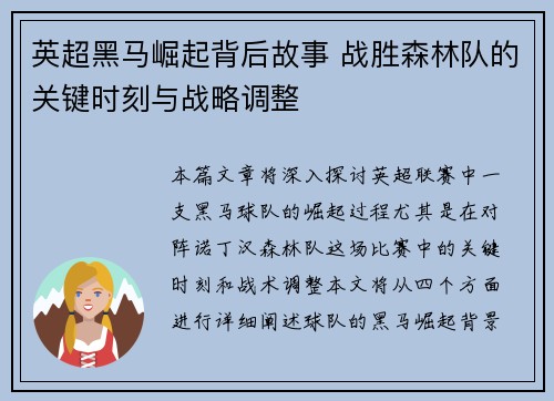 英超黑马崛起背后故事 战胜森林队的关键时刻与战略调整
