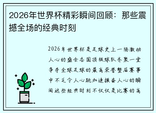 2026年世界杯精彩瞬间回顾：那些震撼全场的经典时刻